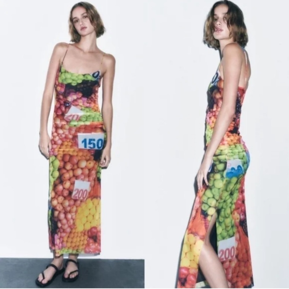 ZARA Blogger Fruit Stand Mesh Strappy Ruched Midi Slip Dress